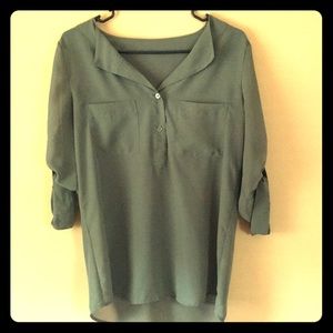 Sheer, army green button up shirt